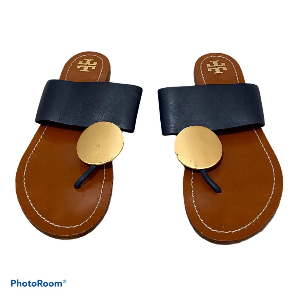 Tory Burch Pato Disk Leather Sandals Navy and Tan